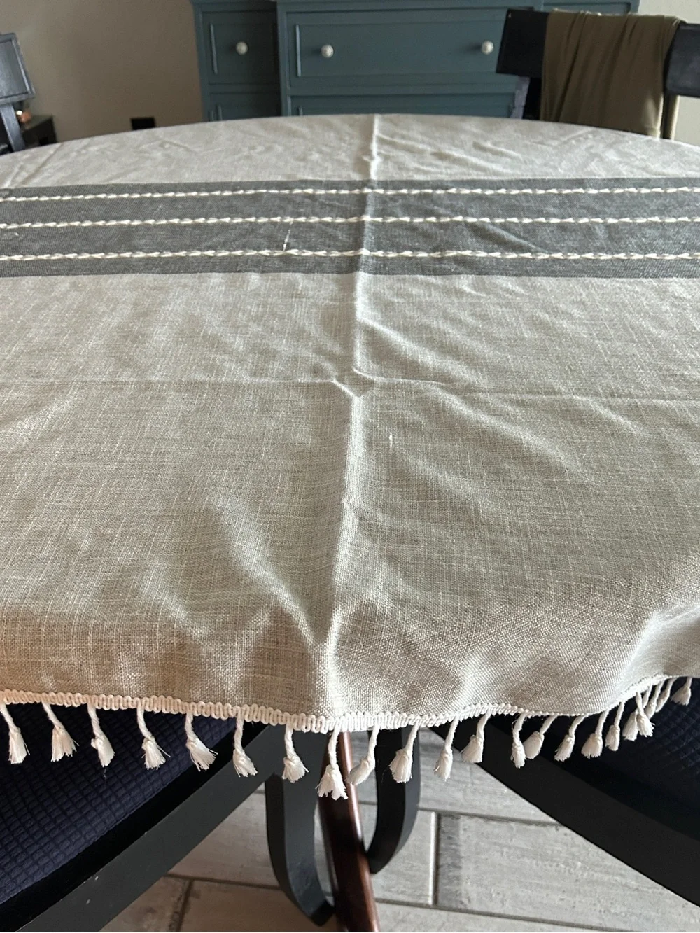 Cotton Linen Grey Stripe Rectangle Tablecloth with Beige Tassels 55” x 70”